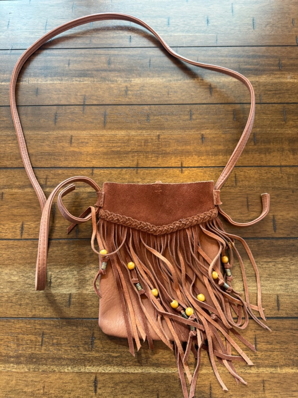Billabong Boho Fringe Crossbody Bag Brown Leather Beaded Sling